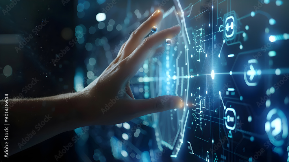 Poster hand touching modern interface digital transformation and metaverse concept. connection next generat
