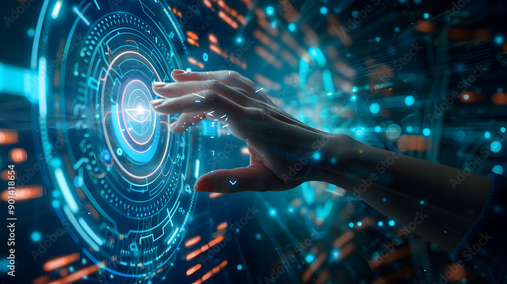 Poster hand touching modern interface digital transformation and metaverse concept. connection next generat