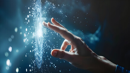 Hand touching modern interface digital transformation and metaverse concept. Connection next generation technology and new era of innovation. Generative Ai.