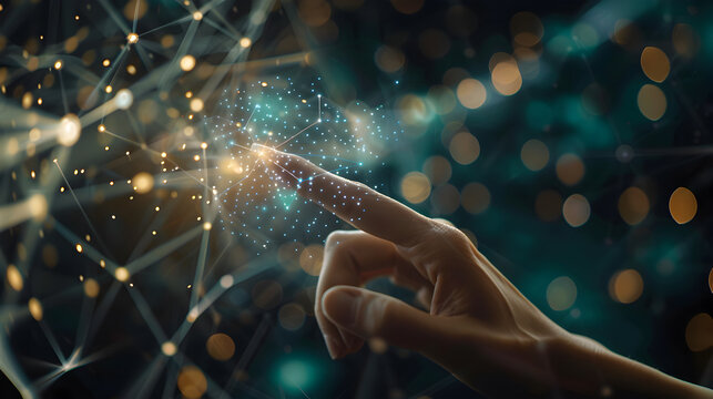 Hand touching modern interface digital transformation and metaverse concept. Connection next generation technology and new era of innovation. Generative Ai.