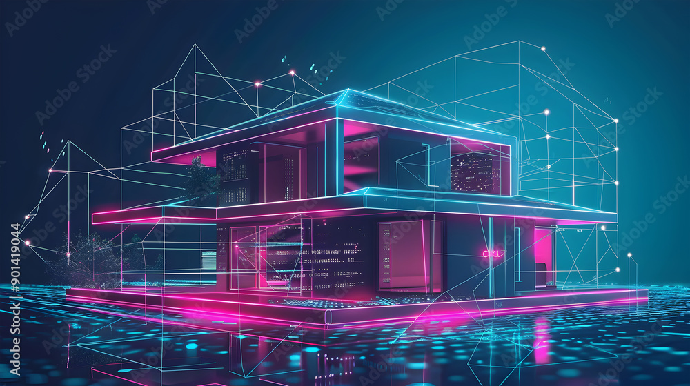 Poster house with futuristic network connection technology big data. generative ai.