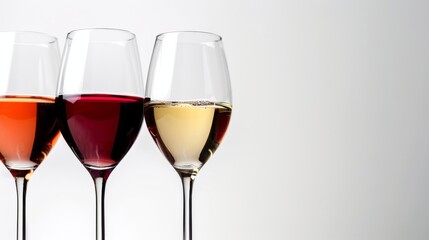 Three glasses of red, rosÃ©, and white wine are set against a white backdrop. Ideal for a wine menu design, these close-up images of luxury wineglasses offer a refined look.