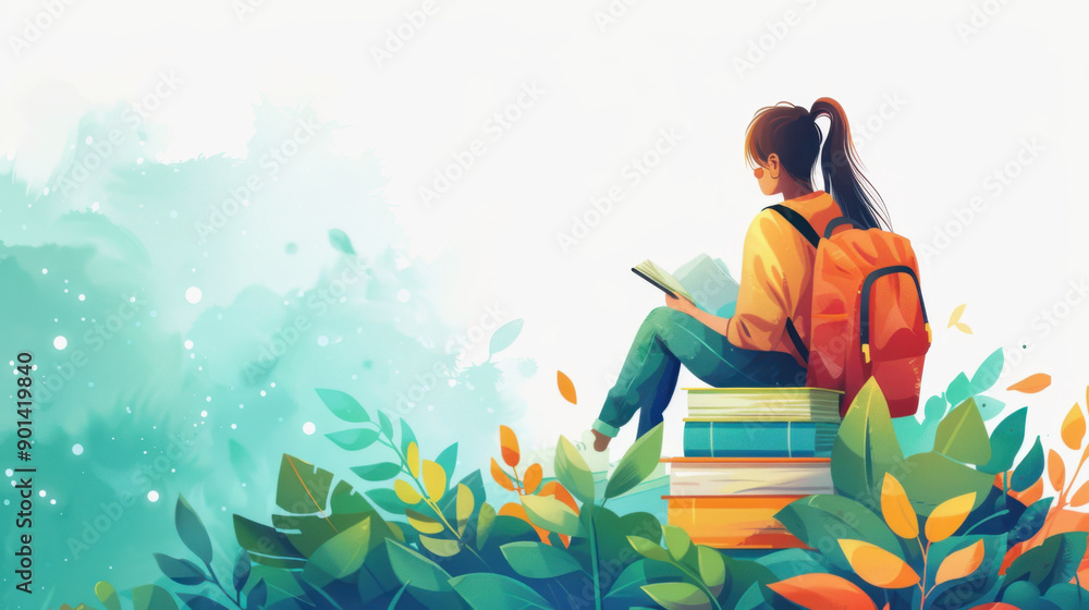 Poster illustration of a girl with a backpack reading a book while sitting on a stack of books in a natural