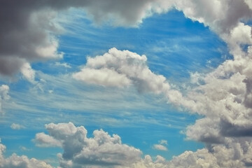 Beautiful cumulus clouds in blue sky, celestial landscape with feather and cumulus clouds, fairy clouds
