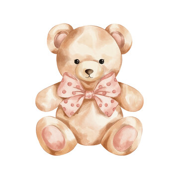recommend clip art: Vector watercolour teddy bear illustration. Teddy bear with a pink bow clip art. Birthday girl party decoration. 