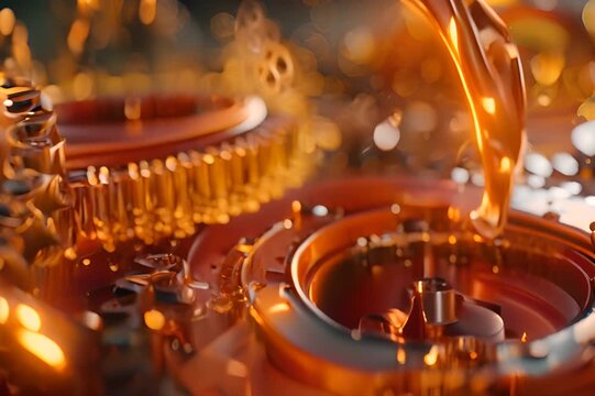 A splash of oil is dripping from a gear. The oil is thick and golden, and it is splashing onto the gears below.