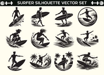 Surfer silhouette vector in illustration set