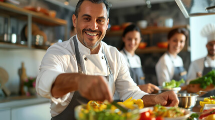 Smiling chef preparing food in a professional kitchen with a happy team in the background, showcasing culinary teamwork and expertise.