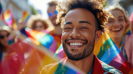 Smiling person celebrating pride parade with colorful rainbow flags in a joyful outdoor festival environment.