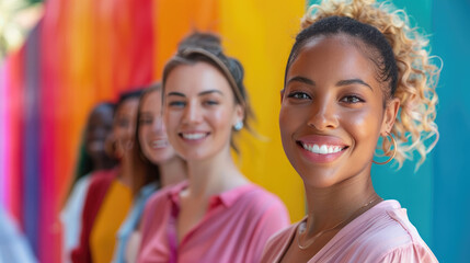Fototapeta premium Smiling women standing in line against colorful background, promoting diversity, friendship, and happiness.