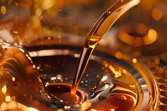 A splash of oil is dripping from a gear. The oil is thick and golden, and it is splashing onto the gears below.