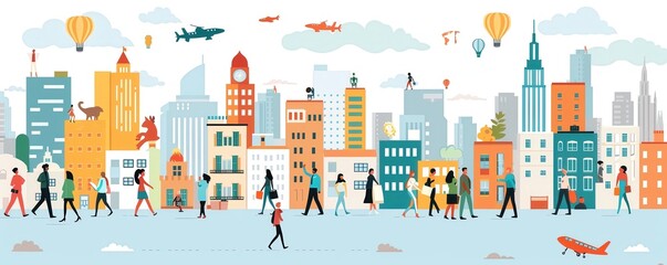 Naklejka premium Colorful cityscape featuring diverse buildings, hot air balloons, planes, and people walking. Urban skyline and crowded street scene.