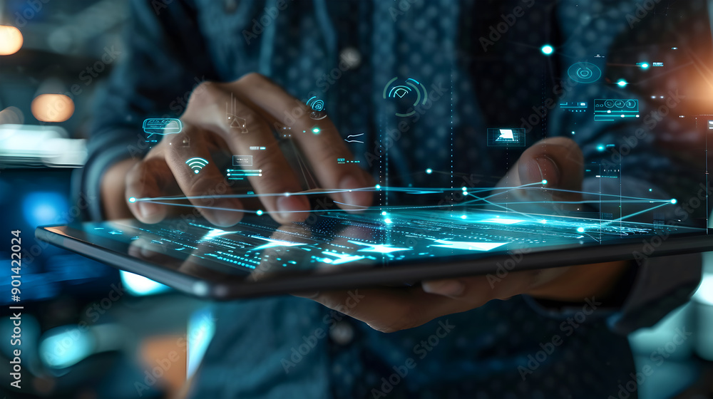 Poster man with futuristic digital tablet on a project. generative ai.