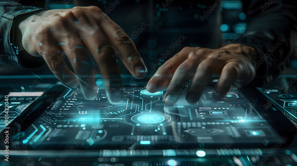 Aufkleber man with futuristic digital tablet on a project. generative ai.