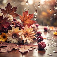 Fototapeta premium autumn floral background with raindrops