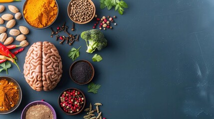Brain surrounded by natural herbs and spices, food, natural brain nutrition aids