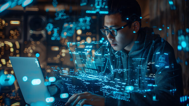 Man, student and laptop hologram of internet, information technology and software development research on campus. Generative Ai.