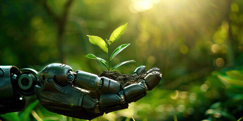 Robot hand holding a sprout in the ground