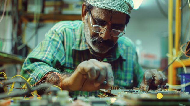indian Electrician fixing a circuit board, focused, precise, meticulous, industrial, safety