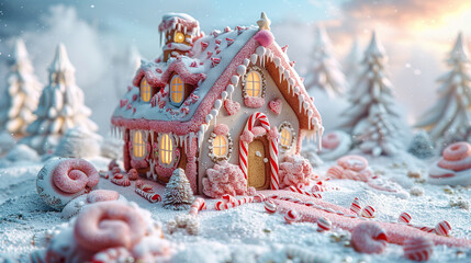 Obraz premium A gingerbread house with candy decorations and a candy cane on the front door