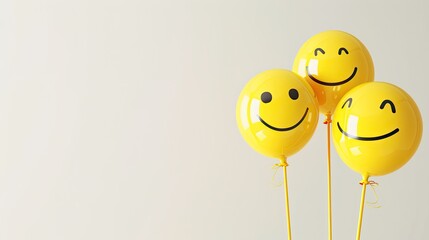 Three yellow smiley face balloons in the corner of the image against a white background, creating an abstract, 3D, lively yellow scene that radiates positivity and happiness.