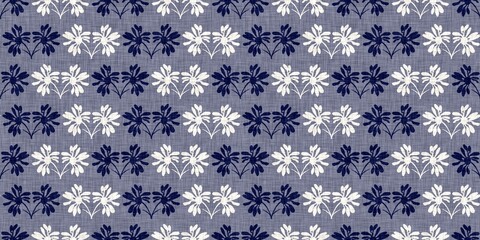 Indigo denim blue leaf motif seamless border. Japanese dye batik fabric style effect print edging swatch. 