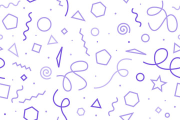 Geometric doodles seamless pattern. Fun 1990s style purple white fashion print design. Dynamic smart funky vector texture.