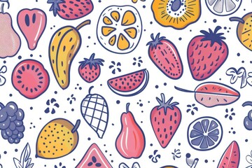 Colorful hand-drawn fruit pattern featuring various fruits, perfect for fresh and healthy themes in design and decoration.