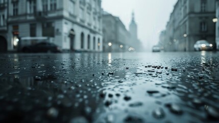 Rainy urban street with focus on wet pavement and blurred buildings. Captures moody atmosphere and reflective water droplets.