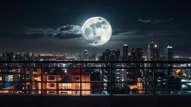 Full Moon Over City Skyline from Rooftop View