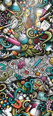 Science hand drawn doodle banner. Cartoon detailed flyer. Scientific identity with objects and symbols. Color vector design elements background
