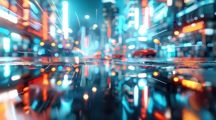 Fototapeta premium Vibrant city street at night with neon lights reflecting on wet pavement, creating a futuristic and dynamic urban ambiance.