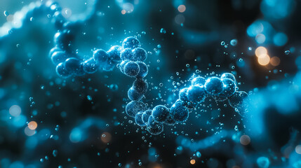 Innovative 3D digital background with a blue hue, featuring DNA gene structures and abstract molecules, illustrating biotechnology, medical research, and futuristic health technology.