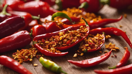 Red chili peppers on wooden background. Generative AI