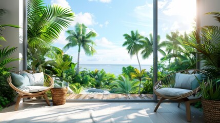 Fototapeta premium Luxurious tropical balcony with palm trees and ocean view, featuring comfortable seating and lush greenery, a perfect getaway and relaxation spot.