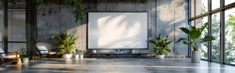 Modern Office Space with Blank Poster on Wall