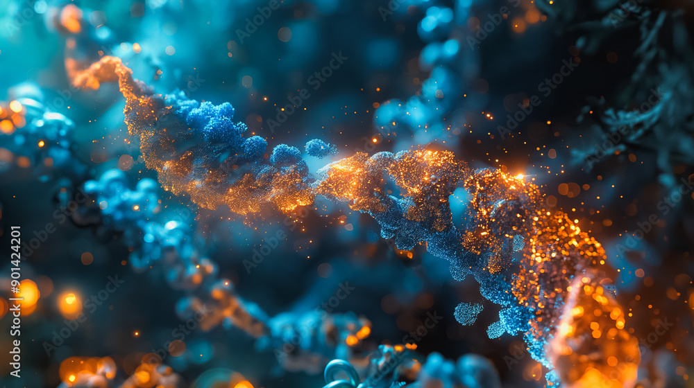 Sticker DNA structure observed at the microscopic level through a high-powered microscope, emphasizing biotechnology and the natural universe's complexity.