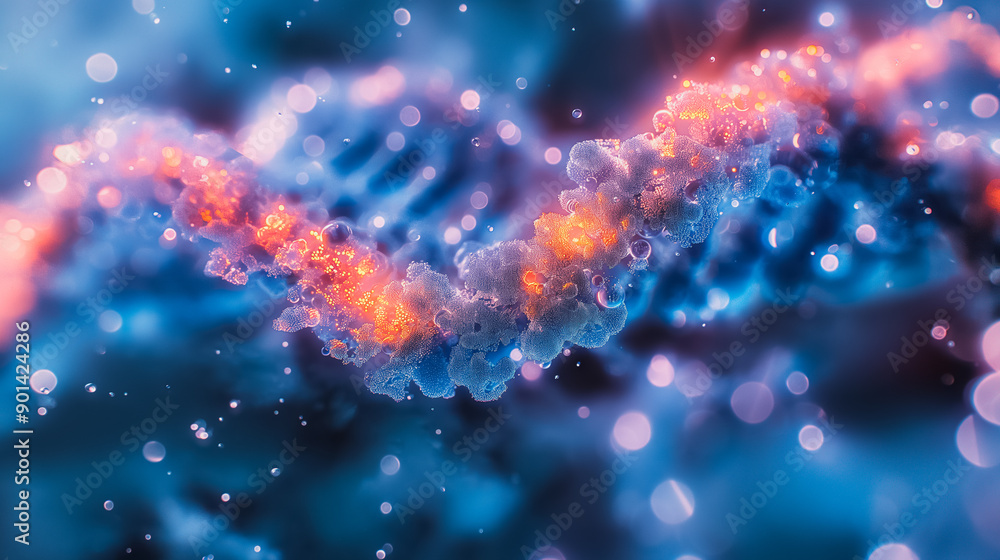 Poster biotechnology and natural universe explored through a microscope, with a focus on the dna structure 