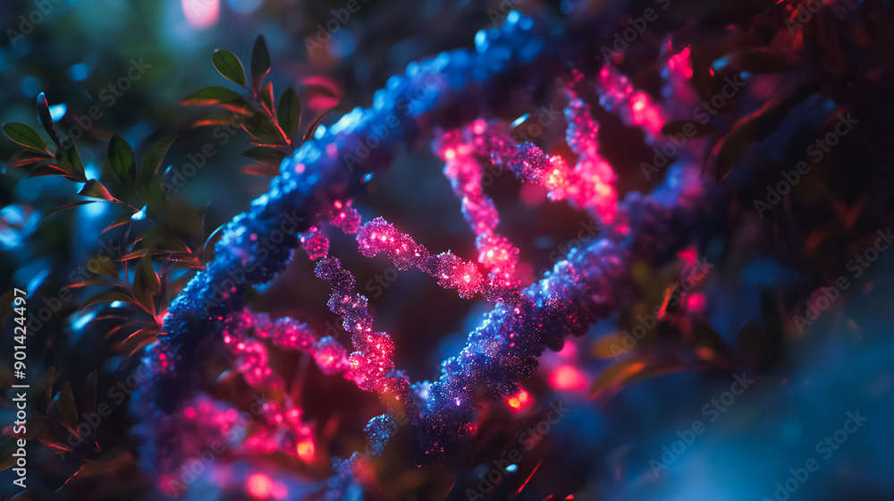 Poster detailed observation of dna structure under a microscope, illustrating the intersection of biotechno