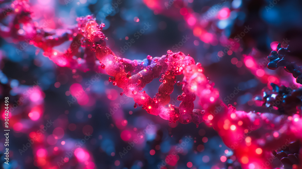 Poster detailed observation of dna structure under a microscope, illustrating the intersection of biotechno