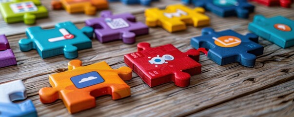 Colorful puzzle pieces scattered on a wooden surface, highlighting creativity and problem-solving concepts.