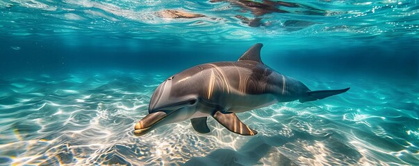 Obraz premium Graceful dolphins swimming in crystal clear ocean waters, marine wildlife underwater photography, aquatic elegance