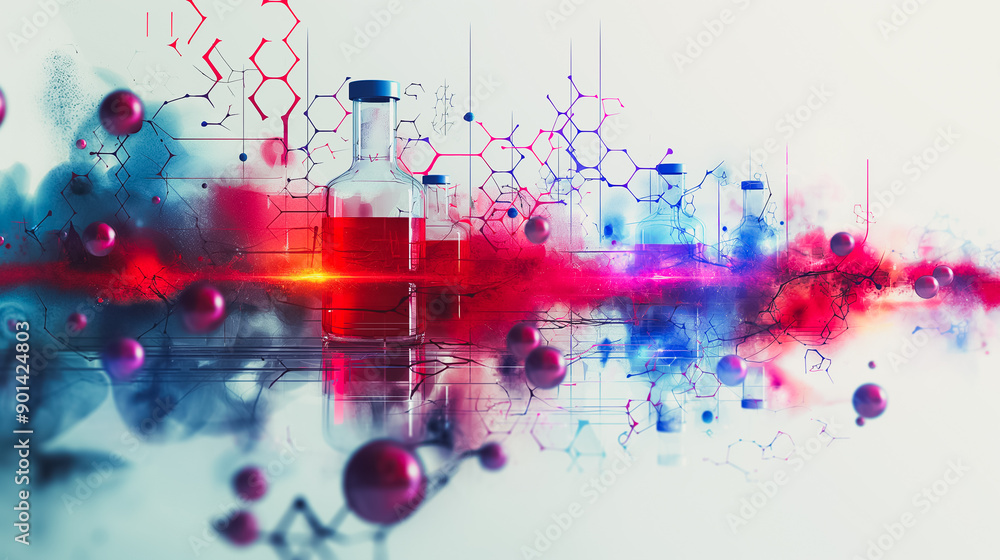 Aufkleber flat color background with geometric shapes and molecular models, featuring detailed biotechnology c