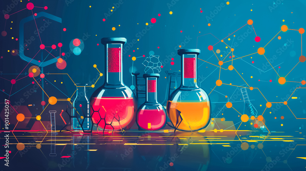 Poster flat color backdrop adorned with geometric patterns and molecular structures, incorporating biotechn