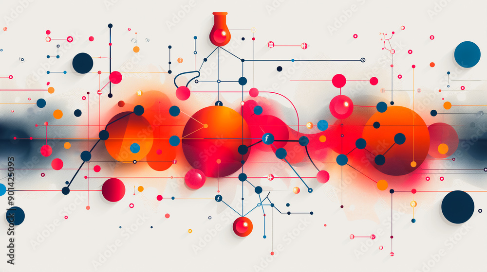 Poster flat color backdrop adorned with geometric patterns and molecular structures, incorporating biotechn