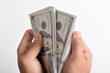 Close-up Hands counting money American dollars , Man hand counting one hundred American money or 100 USD, Concept of finance, business, income
