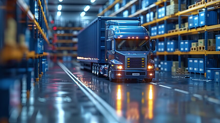 Naklejka premium A blue semi truck is driving down a wet road in a warehouse