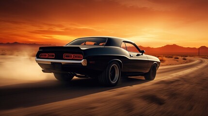 Classic black muscle car driving the sunset desert road. Generative ai