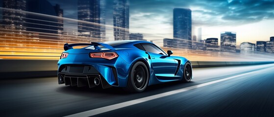 Obraz premium Luxury sports electric tuned automobile riding fast on the business city highway. Generative ai