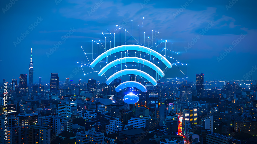 Aufkleber modern city with wireless network connection and city scape concept.wireless network and connection 